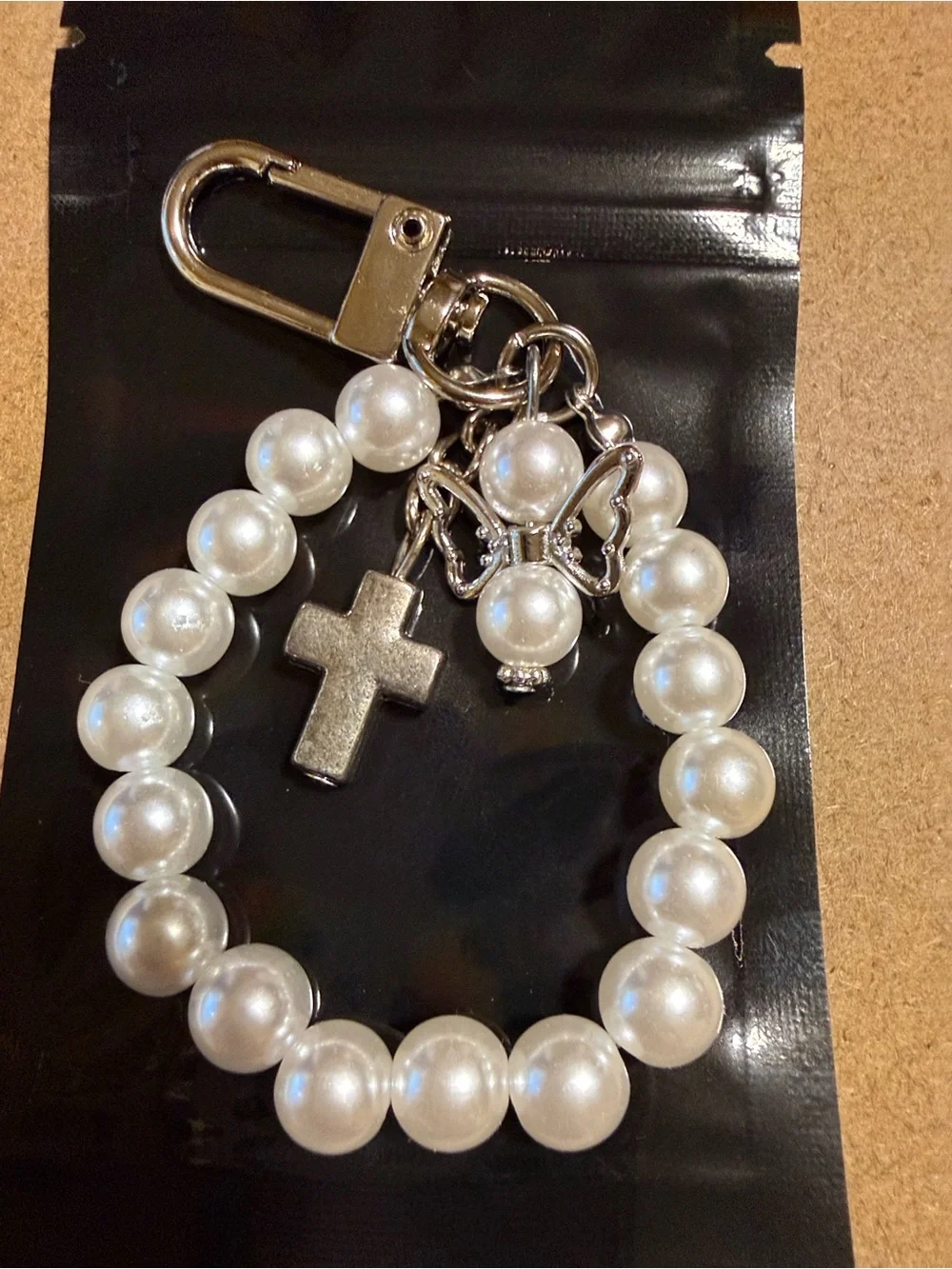 Pearl Bead Keychain with Cross and Angel Charm - White